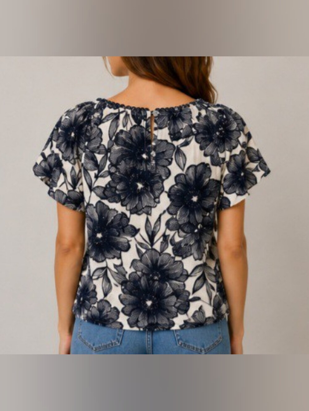 Sunset & Harper Blue Floral Short Sleeve Blouse Sz Large Bubble Hem Crochet Neck - Picture 4 of 15